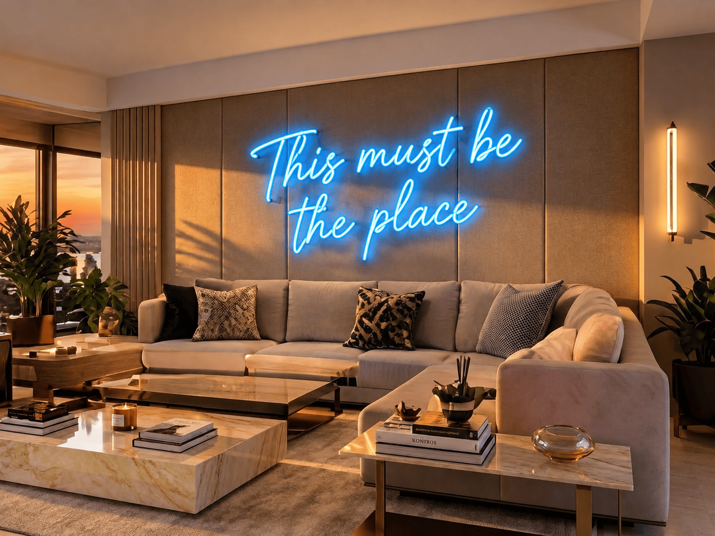 Custom Neon Sign 'This must be the place' glowing in living room at sunset